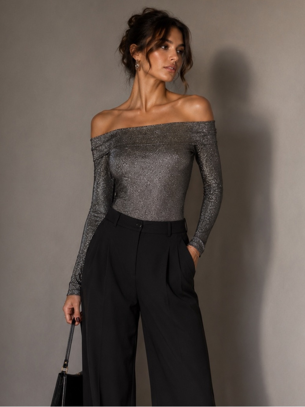 A.C.W. Metallic Off Shoulder Bodysuit | Shimmer Party Top | Size S Quiet Luxury